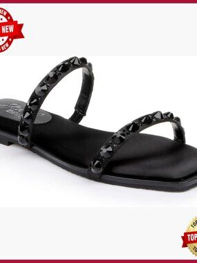 Gemstone-Studded Flat Slide Sandals with Padded Satin Straps